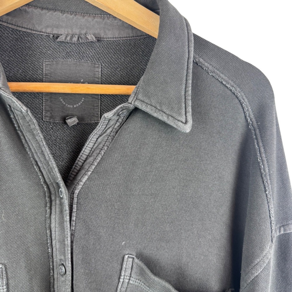 Aerie Shacket Women Large Black French Terry Oversized Button Down Shirt 3140